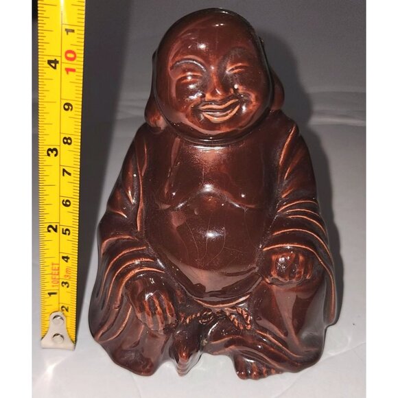 Vintage Brown Ceramic Laughing Buddha Figurine - 4.5x3" Tall - Picture 6 of 8